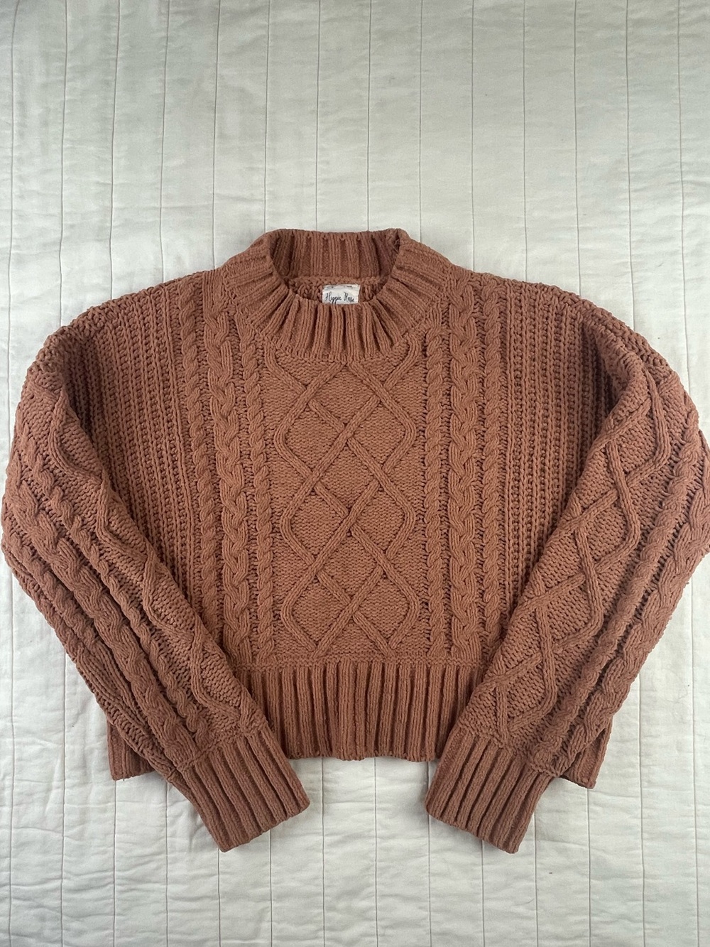Hippie Rose Cable Knit Crewneck Cropped Sweater in Terracotta- oversized small